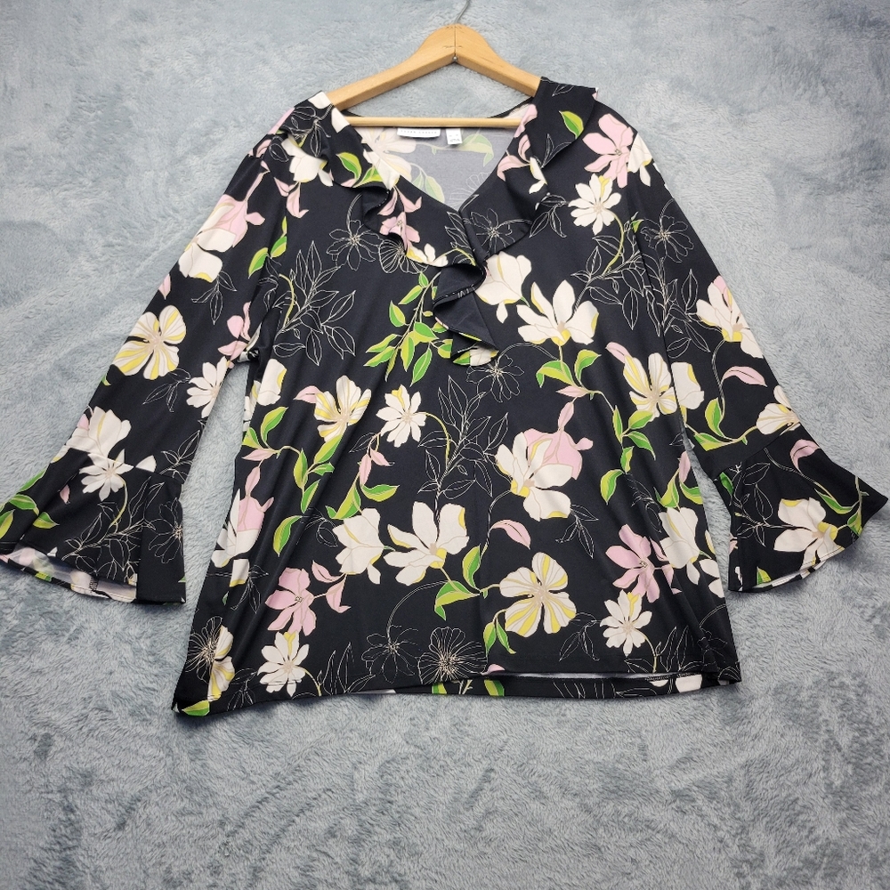 Susan Graver Womens Blouse Size XL Bell Sleeve V-Neck Floral Romantic Stretch